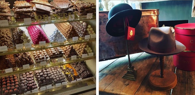 Counter of Prestat truffles and hats at Christys'