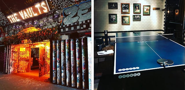 Entrance to The Vaults in Waterloo and Bounce ping pong tables