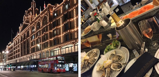 Harrods exterior at night and oysters at Caviar House Oyster Bar