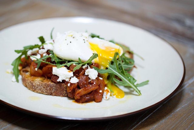 Breakfast dish with toast and eggs