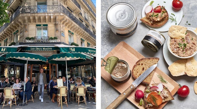 Les Deux Magots in Paris and a spread of food