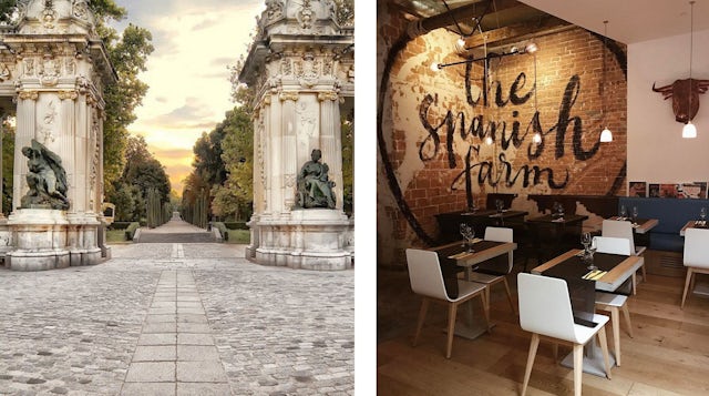 Grand archway in Madrid and The Spanish Farm restaurant