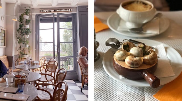 Interiors of a bistro and plates of food