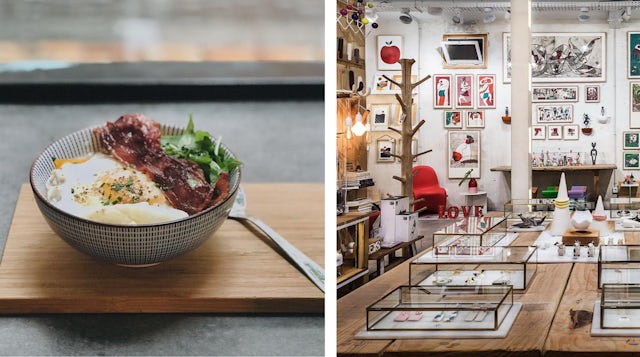 A bowl of food and store interiors