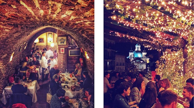 Interiors of a restaurant and an outdoor bar full of people socialising