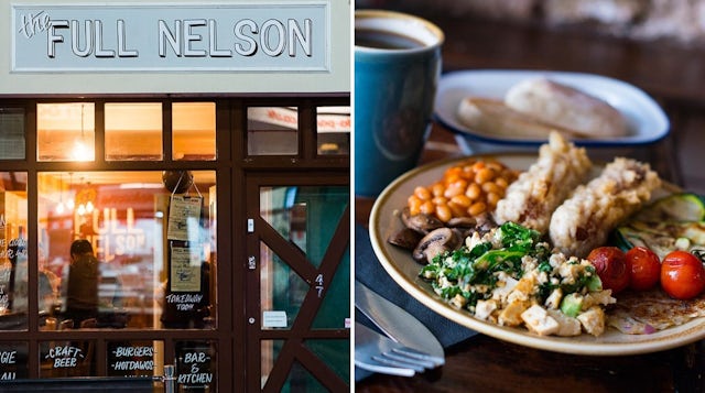 Shop front and breakfast dish at The Full Nelson, London