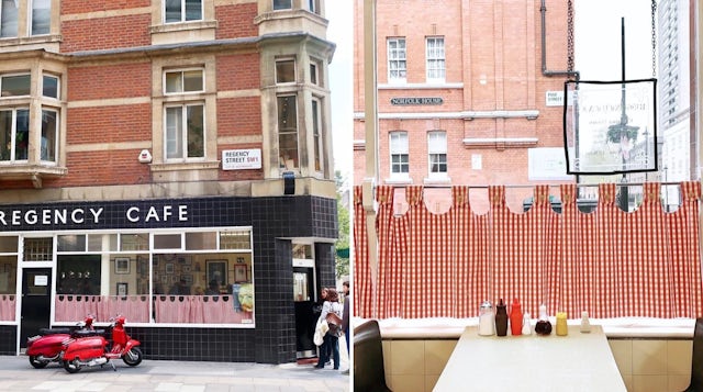 Shop front and interiors at Regency Cafe, London