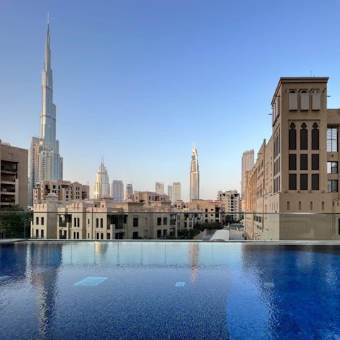 Jump in the communal pool and enjoy a gentle swim with views of the Burj Khalifa