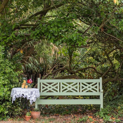 Take a moment to yourself on the charming bench, catching up on your book beneath the trees