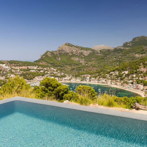 Look out over Port de Sóller from the the private pool