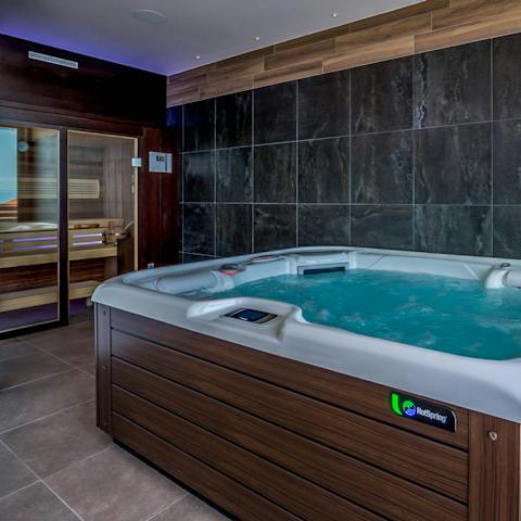 Relax in the indoor hot tub and sauna