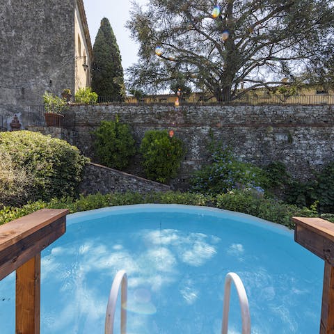 Take a swim in the pool surrounded by lush greenery