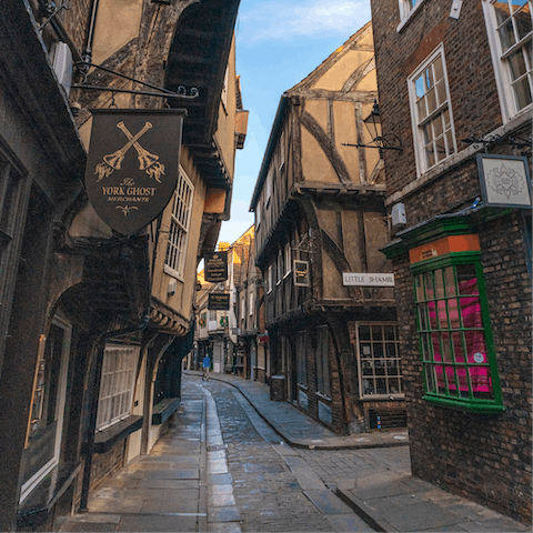 Lose yourself amidst The Shambles in York, just a twelve-minute drive away