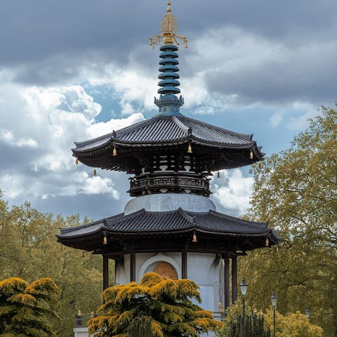Enjoy a Thames-side stroll through leafy Battersea Park, just over a mile away