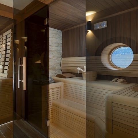 Let off some steam in the sauna, complete with views of the sea