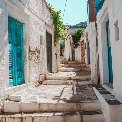 Walk the characterful streets of Chora, just a fifteen-minute drive away