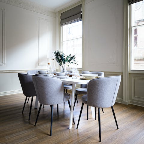 Organise delicious feasts in the bright and elegant dining area 