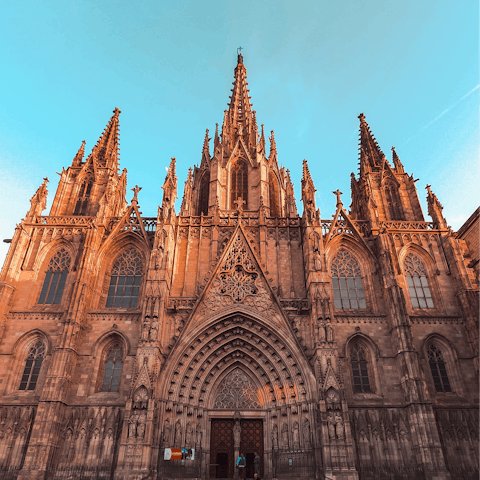 Explore Barcelona's cathedral and the Gothic Quarter, a seventeen-minute stroll from your door