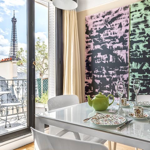 Enjoy views of the Eiffel Tower while tucking into croissants for breakfast