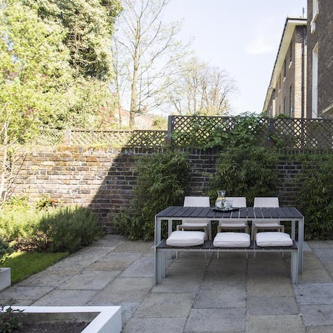 Dine alfresco on sunny days and long summer nights out on the garden’s large patio