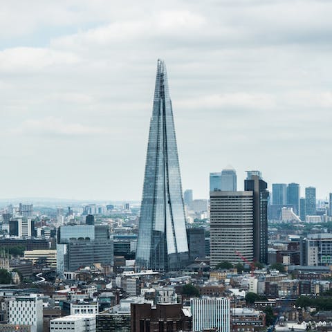 Enjoy sweeping views of the city from the Shard's open-air deck, a fifteen-minute cab ride away