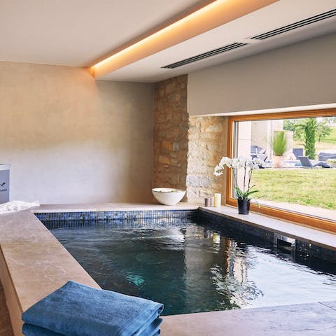 Take a dip in the Roman Bath while you admire the Averyon valley landscape through the arched spa windows