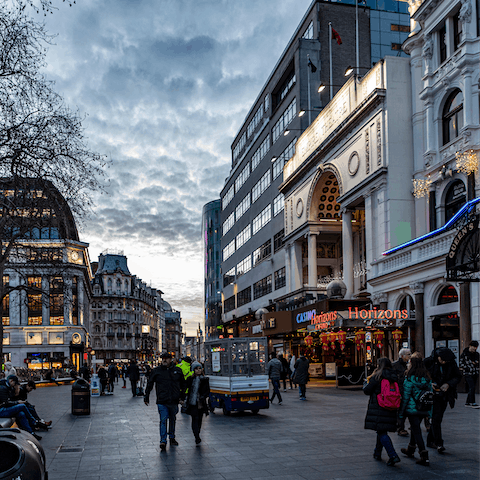 Visit the famous Leicester Square, a five-minute walk away