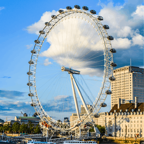 Take a ride on the famous London Eye, a twelve-minute walk away