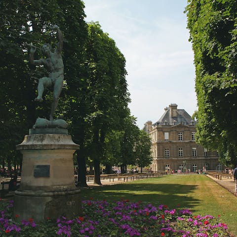 Enjoy a morning stroll through Luxembourg Gardens, a nine-minute walk away