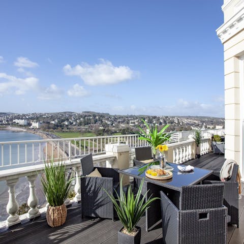 Open the French doors and have breakfast out your beautiful sea view balcony