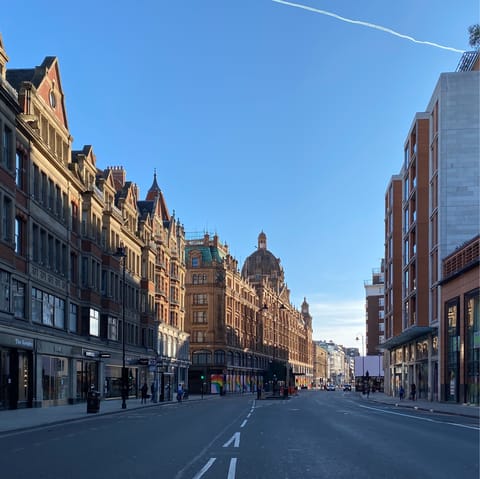 Treat yourself to some retail therapy at luxurious Harrods, fifteen minutes away on foot