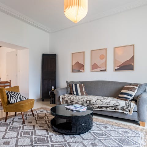 Kick back in the stylish living area with a glass of French wine after a day of exploring the coast