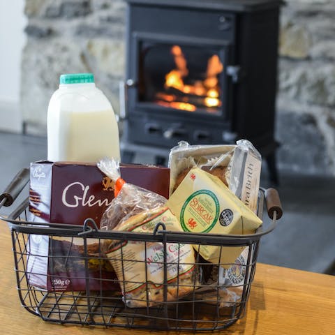Taste some Welsh treats from the welcome pack, courtesy of your generous host