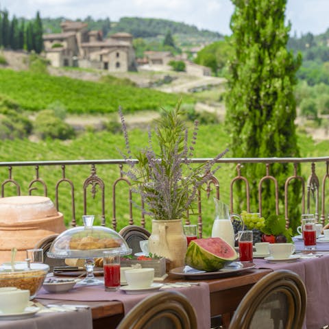 Enjoy an alfresco meal with panoramic views of the surrounding hills and lush landscapes