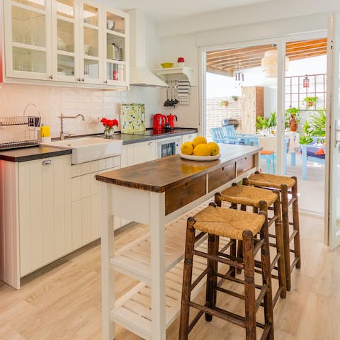 Gather around the kitchen island for a quick breakfast before heading out for the day