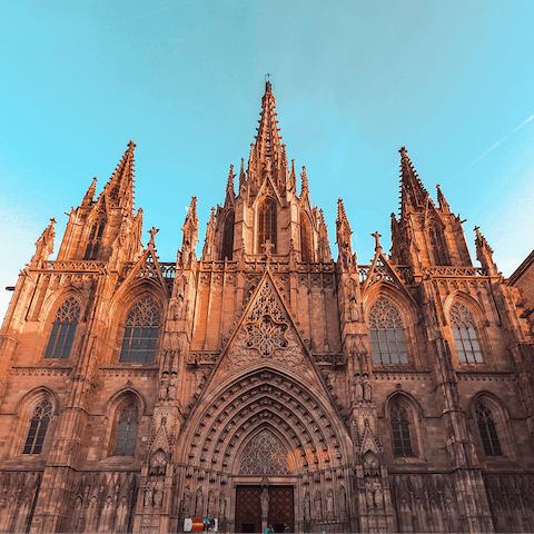 Admire the stunning Gothic architecture at The Cathedral of Barcelona, thirteen minutes away on foot