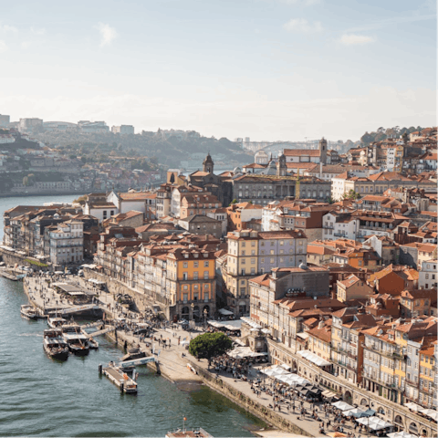 Walk to Porto's lively riverside hub, Cais da Ribeira, in just five minutes