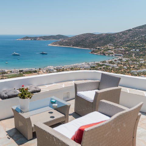 Enjoy beautiful views across Platis Gialos bay from the terrace 
