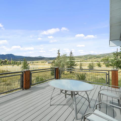 Sit out on the patio with drinks or a light lunch and enjoy expansive views of the surrounding ranch