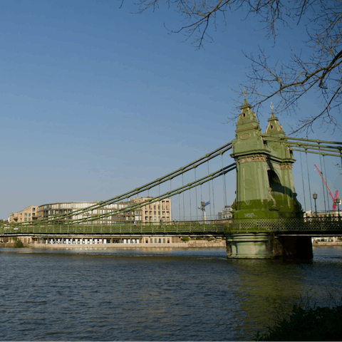 Cross the Thames over the magnificent Hammersmith Bridge, only quarter of an hour away by foot