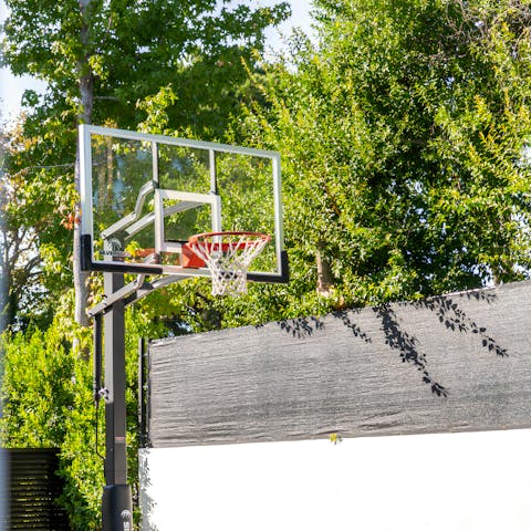 Shoot some hoops on the basketball court in the driveway