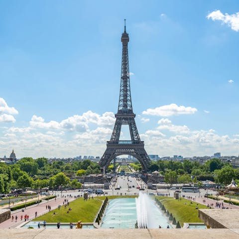 Head to Trocadéro Gardens for Eiffel Tower views, ten minutes away