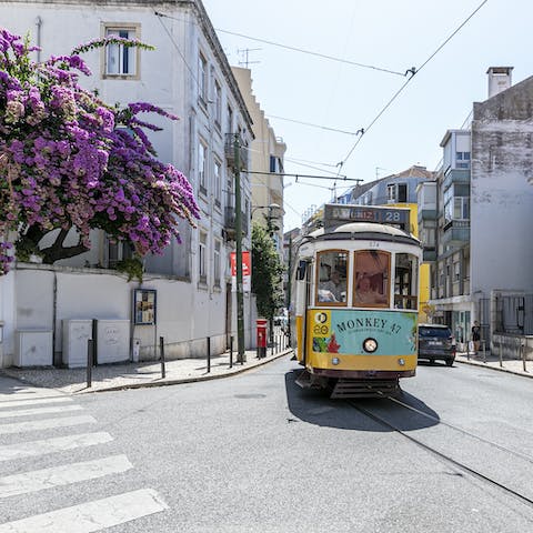 Walk for five minutes to Rua Maria Fonte and catch the 28E tram to São Jorge Castle