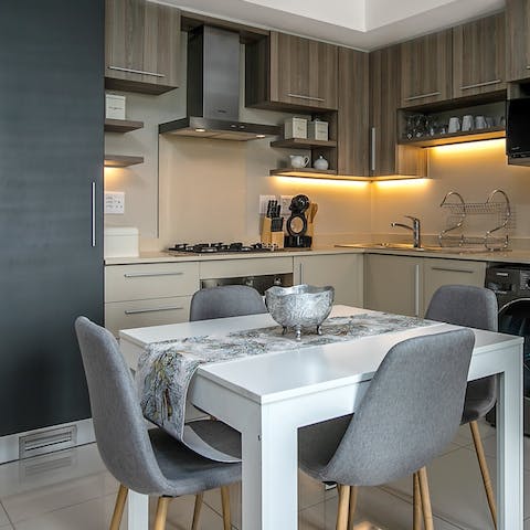 Unwind over a homecooked meal in this inviting dining area