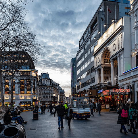 Visit bustling Leicester Square, a five-minute walk away