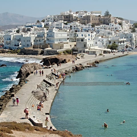 Visit white-washed Naxos town, just a twenty-minute drive away