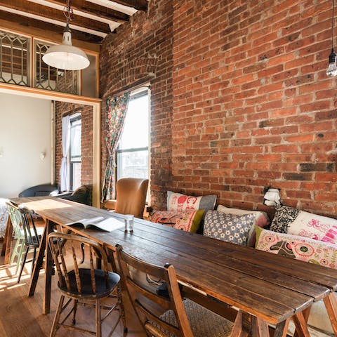 Dine in style at the eclectic twelve-seater farmhouse table