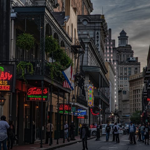 Visit jazz clubs, bars, and Cajun eateries on the lively Bourbon Street – it's a short nine-minute walk from the front door
