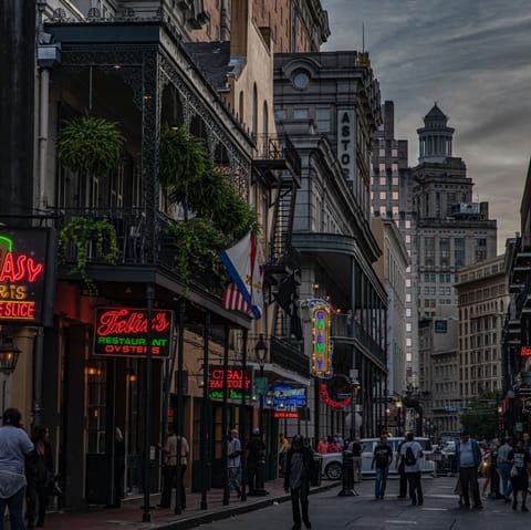 Visit jazz clubs, bars, and Cajun eateries on the lively Bourbon Street – it's a short nine-minute walk from the front door