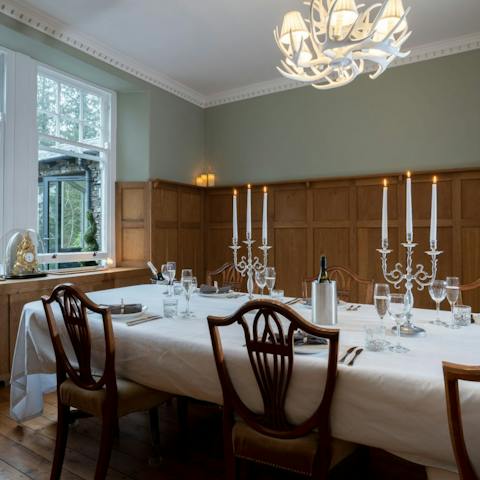 Gather around the formal dining table for a Sunday roast in the evening